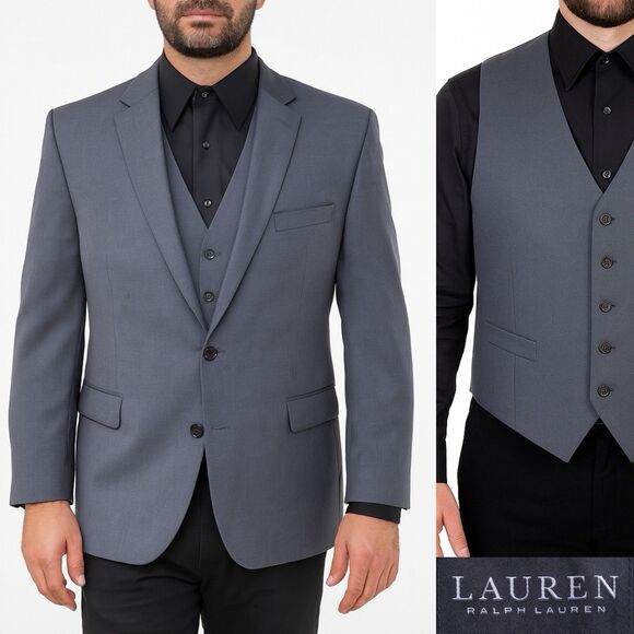 Ralph Lauren 2-Pcs Blazer / Vest Set Jacket Coat Solid Gray Sz 48R Two Button - Picture 1 of 16